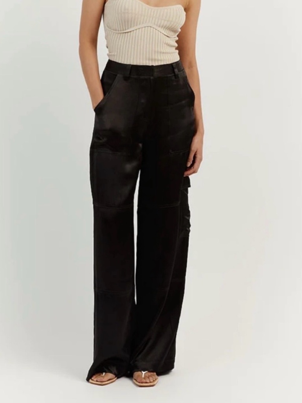 DISSH Mia Black Satin Cargo Wide leg Pants Trousers Size 6
